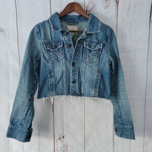 Aeropostale Distressed 100% Cotton Cropped Denim Jean Jacket Women’s M Fitted
